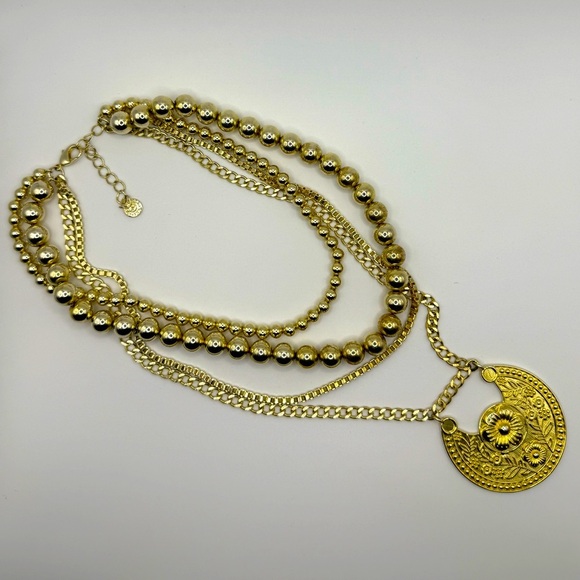 Victoria Emerson Gold-tone Multi Layered Floral Beaded Chain Statement Necklace - Picture 1 of 6